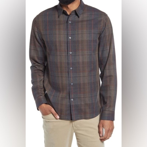 Vince Forest Gray Multicolor Plaid Cotton Blend Long Sleeve Button-Up Shirt Sz S - Picture 1 of 9